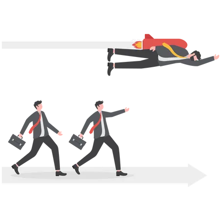Business People Run On Arrow And Flying With Rocket Business Competition And Competitors Illustration
