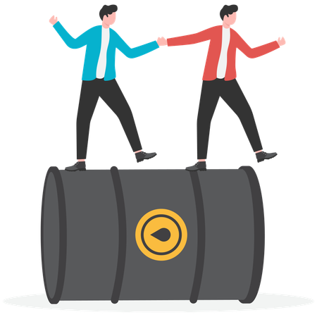 Businessmen running on rolling oil barrels  Illustration