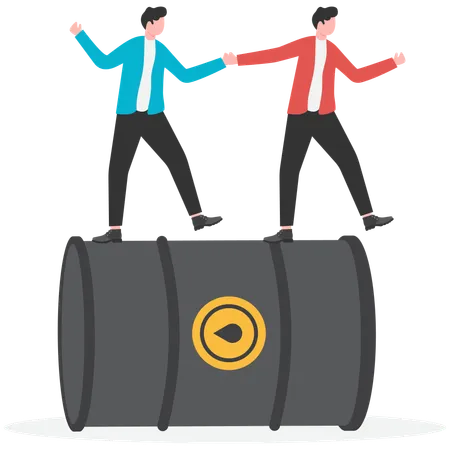 Businessmen running on rolling oil barrels  Illustration