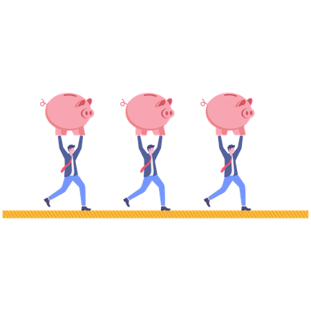 Businessmen running with piggy bank on rope  Illustration