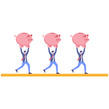 Businessmen running with piggy bank on rope  Illustration