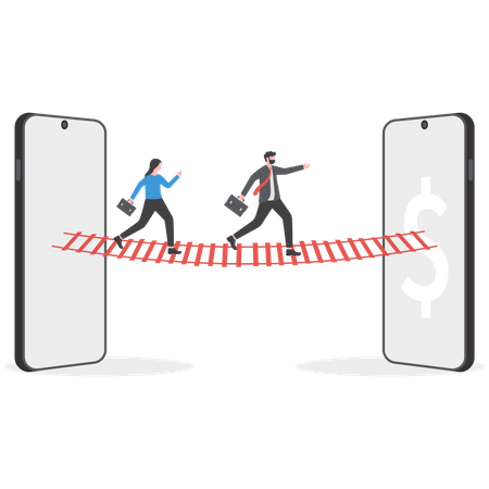 Businessmen runs on the bridge between two mobile investment network communication  Illustration