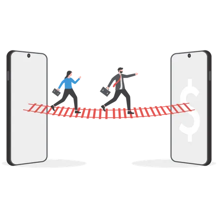 Businessmen runs on the bridge between two mobile investment network communication  Illustration