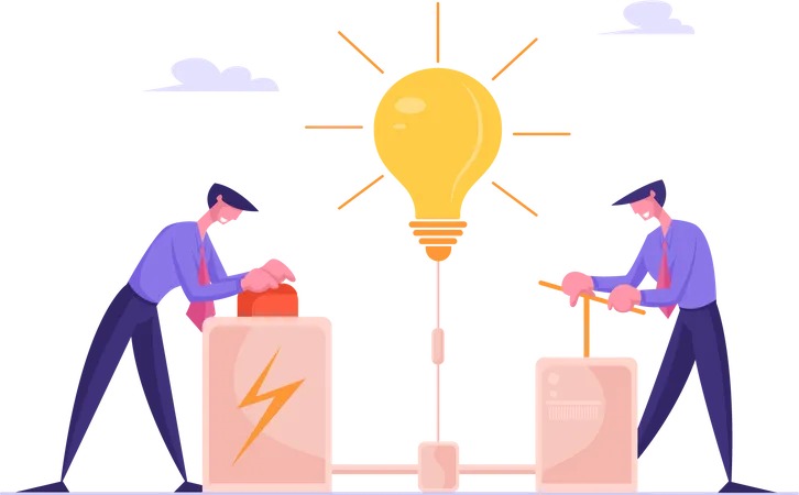 Businessmen Searching Creative Idea Concept Business People Push Huge Lever Arm And Red Button For Launching Huge Glowing Light Bulb Creativity Process Brainstorm Cartoon Flat Vector Illustration Illustration