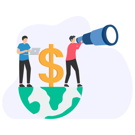 Businessmen searching global financial opportunities and analyzing investments worldwide  Illustration