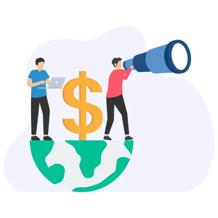 Businessmen searching global financial opportunities and analyzing investments worldwide  Illustration