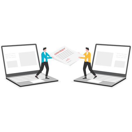 Businessmen shaking hand with online agreement contract document on pc monitor  Illustration