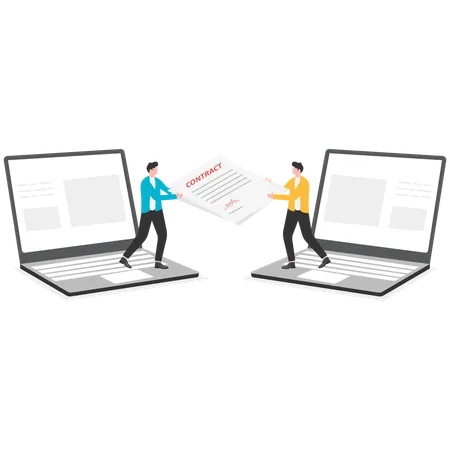 Businessmen shaking hand with online agreement contract document on pc monitor  Illustration