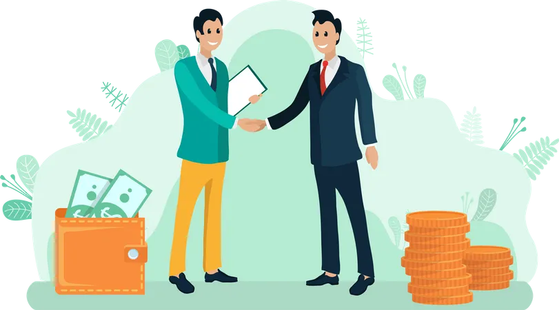 Businessmen Shacking Hands And Discussing A Deal And Business Issues Work Collaboration Workers Communicate Partnership Wallet With Cash Gold Coins Vector Illustration