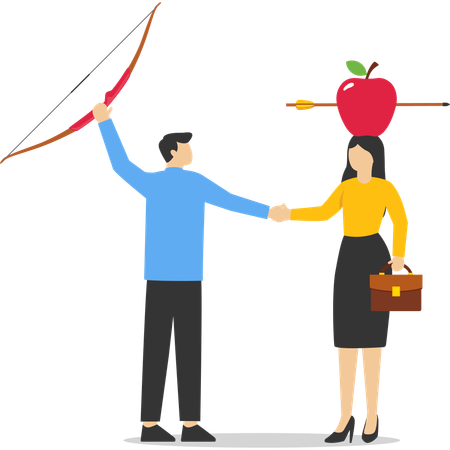 Businessmen shaking hands agreement after finished danger risky apple shot archery show  Illustration