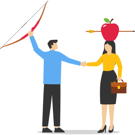 Businessmen shaking hands agreement after finished danger risky apple shot archery show  Illustration