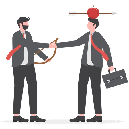 Businessmen shaking hands agreement after finished danger risky apple shot archery show  Illustration