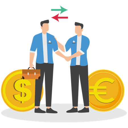 Businessmen shaking hands and exchanging currency  Illustration