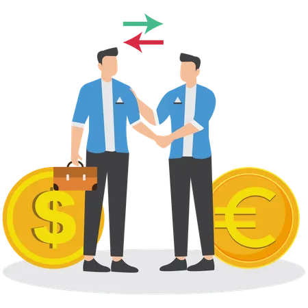 Businessmen shaking hands and exchanging currency  Illustration