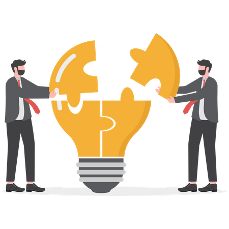Businessmen solving lightbulb idea puzzle by connecting the last jigsaw piece  Illustration