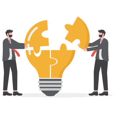 Businessmen solving lightbulb idea puzzle by connecting the last jigsaw piece  Illustration
