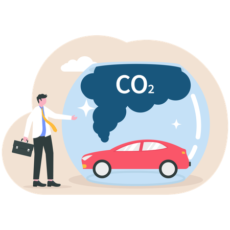 Businessmen stand with glass dome strong protection catching smoke from car  Illustration