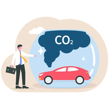 Businessmen stand with glass dome strong protection catching smoke from car  Illustration
