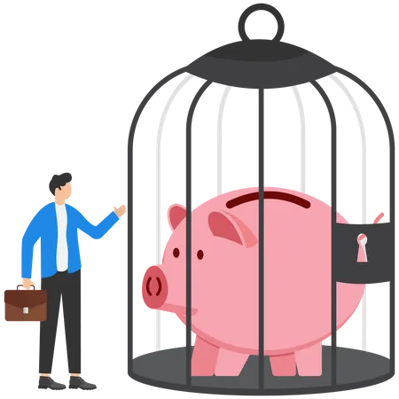 Businessmen stand with wealthy piggy banks under bird cage strong protection  Illustration