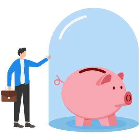 Businessmen stand with wealthy piggy banks under glass dome strong protection  Illustration