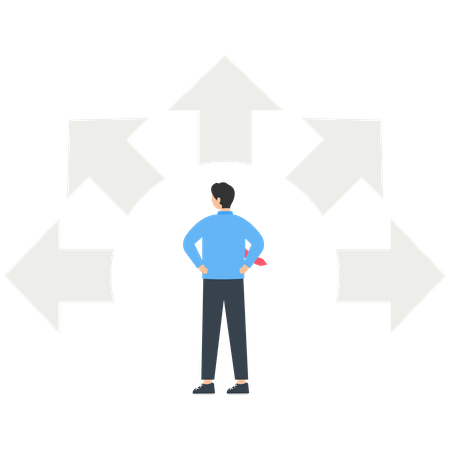 Businessmen standing between surrounded by arrows thinking and choosing direction  Illustration