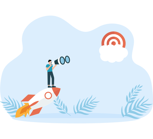 Businessmen standing holding binoculars on a space shuttle and metaphor for business success  Illustration
