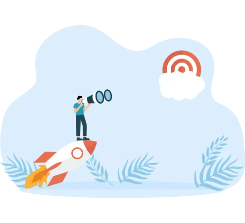 Businessmen standing holding binoculars on a space shuttle and metaphor for business success  Illustration
