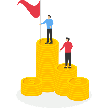 Businessmen standing on pile of coins  Illustration