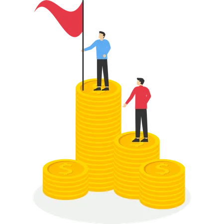 Businessmen Standing On A Pile Of Coins Leader Achieving Goals Leadership And Goals Business Concept Achievement Goals Motivation And Success Creative Concept Vector Isolated Illustration Illustration