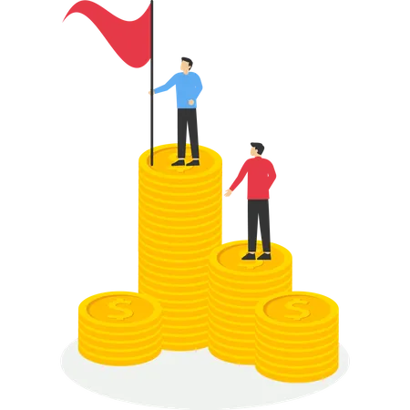 Businessmen standing on pile of coins  Illustration