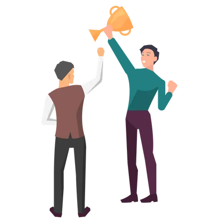 Successful Development Of Project Colleagues Celebrate Business Victory Teamwork To Win In Business People Take First Place In Competition Businessmen Or Clerks Standing With Cup In Hands Illustration