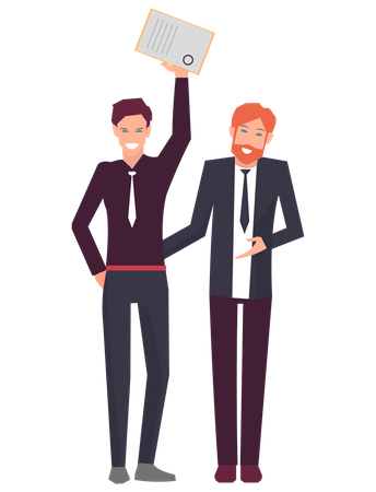 Businessmen standing with diploma in hands  Illustration