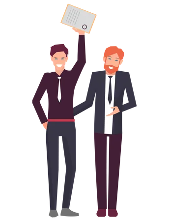 Businessmen standing with diploma in hands  Illustration