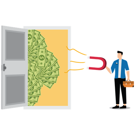 Businessmen take magnets to attract banknotes outside the door to attract business opportunities or customers  Illustration