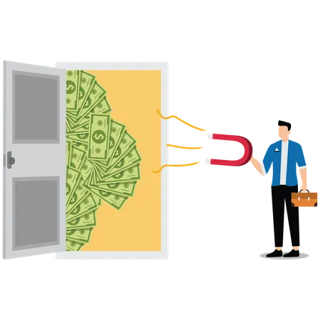 Businessmen take magnets to attract banknotes outside the door to attract business opportunities or customers  Illustration