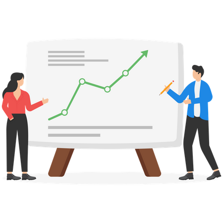 Businessmen team presenting graph on board in training class  Illustration