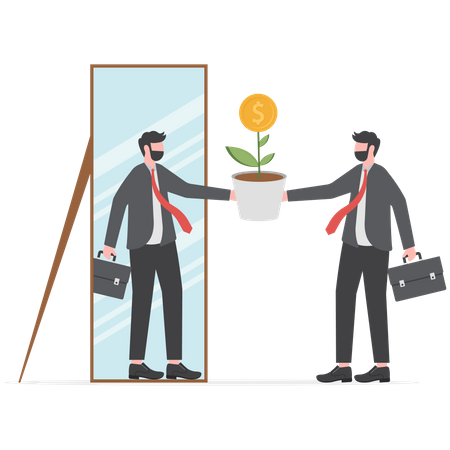 Businessmen think growth mindset walk out of mirror fixed mindset  Illustration