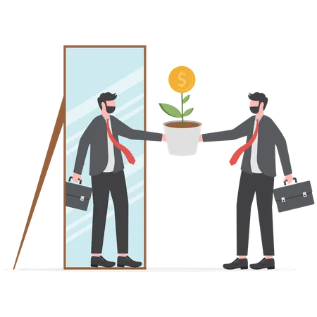 Businessmen think growth mindset walk out of mirror fixed mindset  Illustration