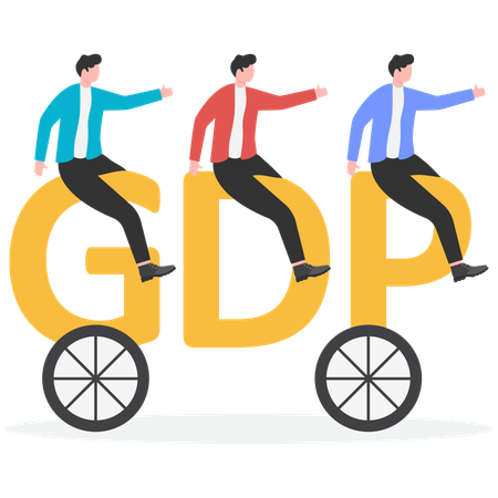 Businessmen together pushing character GDP with wheels mounted on mountains  Illustration