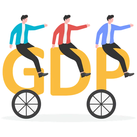 Businessmen together pushing character GDP with wheels mounted on mountains  Illustration