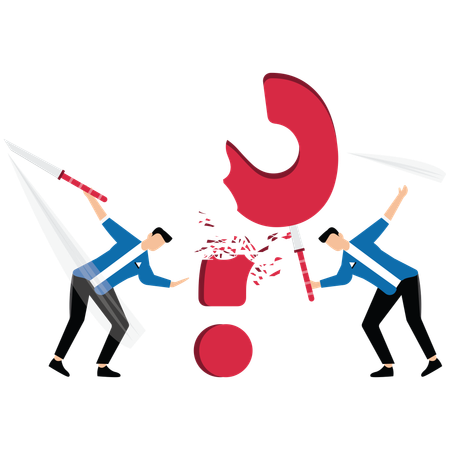 Businessmen took a sword and chopped to destroy the giant question mark  Illustration