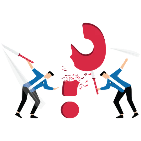 Businessmen took a sword and chopped to destroy the giant question mark  Illustration