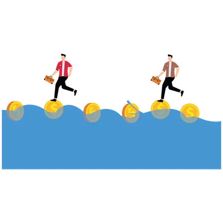 ビジネスマンが水中の金貨を踏む  イラスト