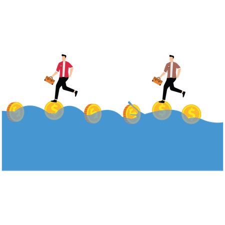 Businessmen Tread on Gold Coins in Water  Illustration