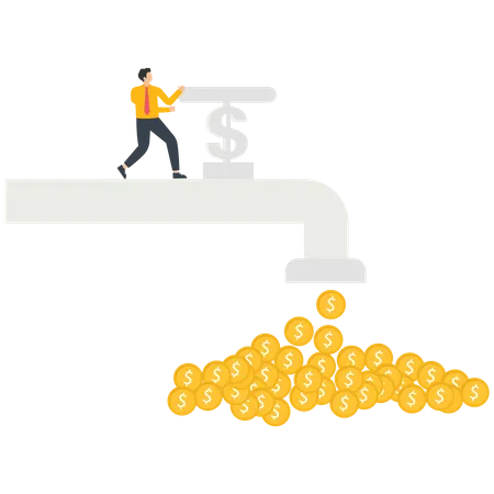 Businessmen turn on or off the tap that flows out gold coins  Illustration