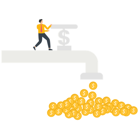 Businessmen turn on or off the tap that flows out gold coins  Illustration