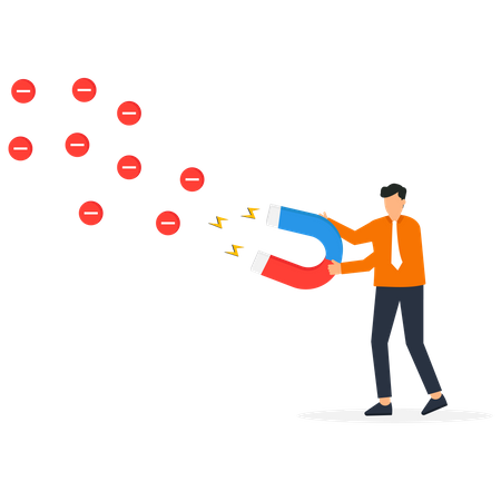 Businessmen use magnets to attract negative thoughts  Illustration