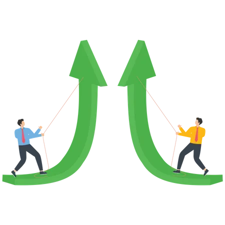 Businessmen use ropes to pull arrow  Illustration