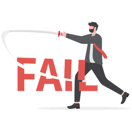Businessmen using a sword to slash cut the word fail  Illustration