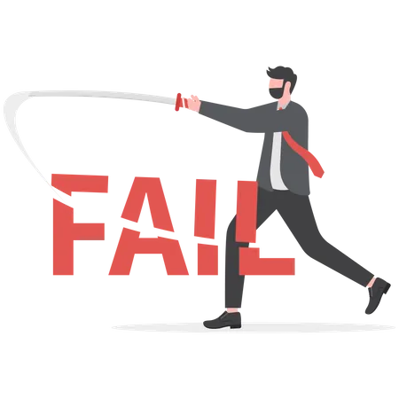 Businessmen using a sword to slash cut the word fail  Illustration